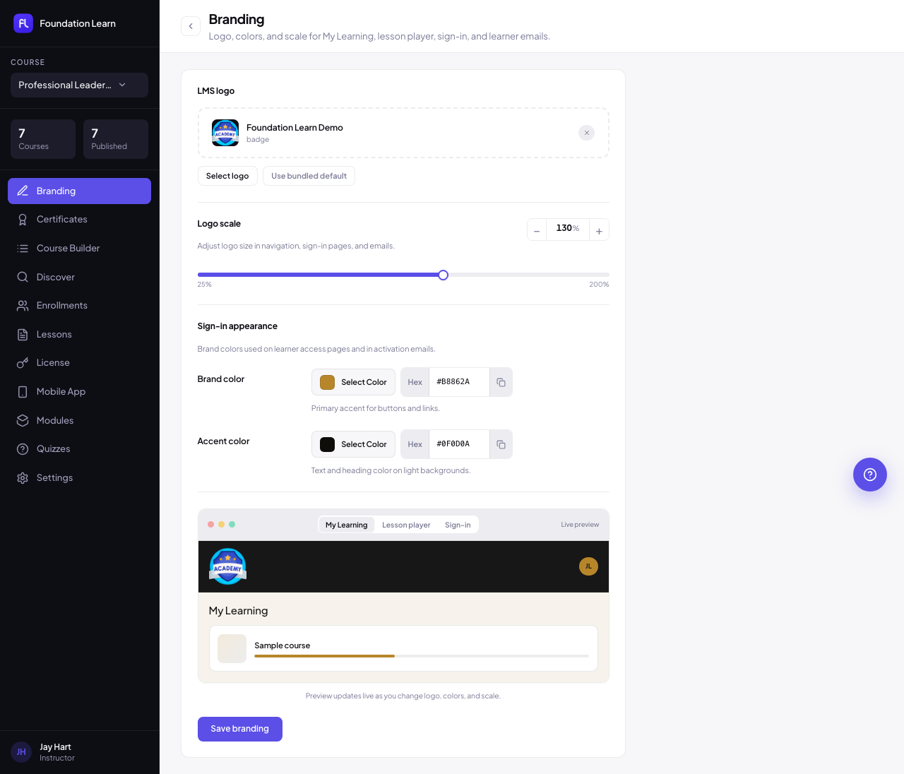 Branding settings screen
