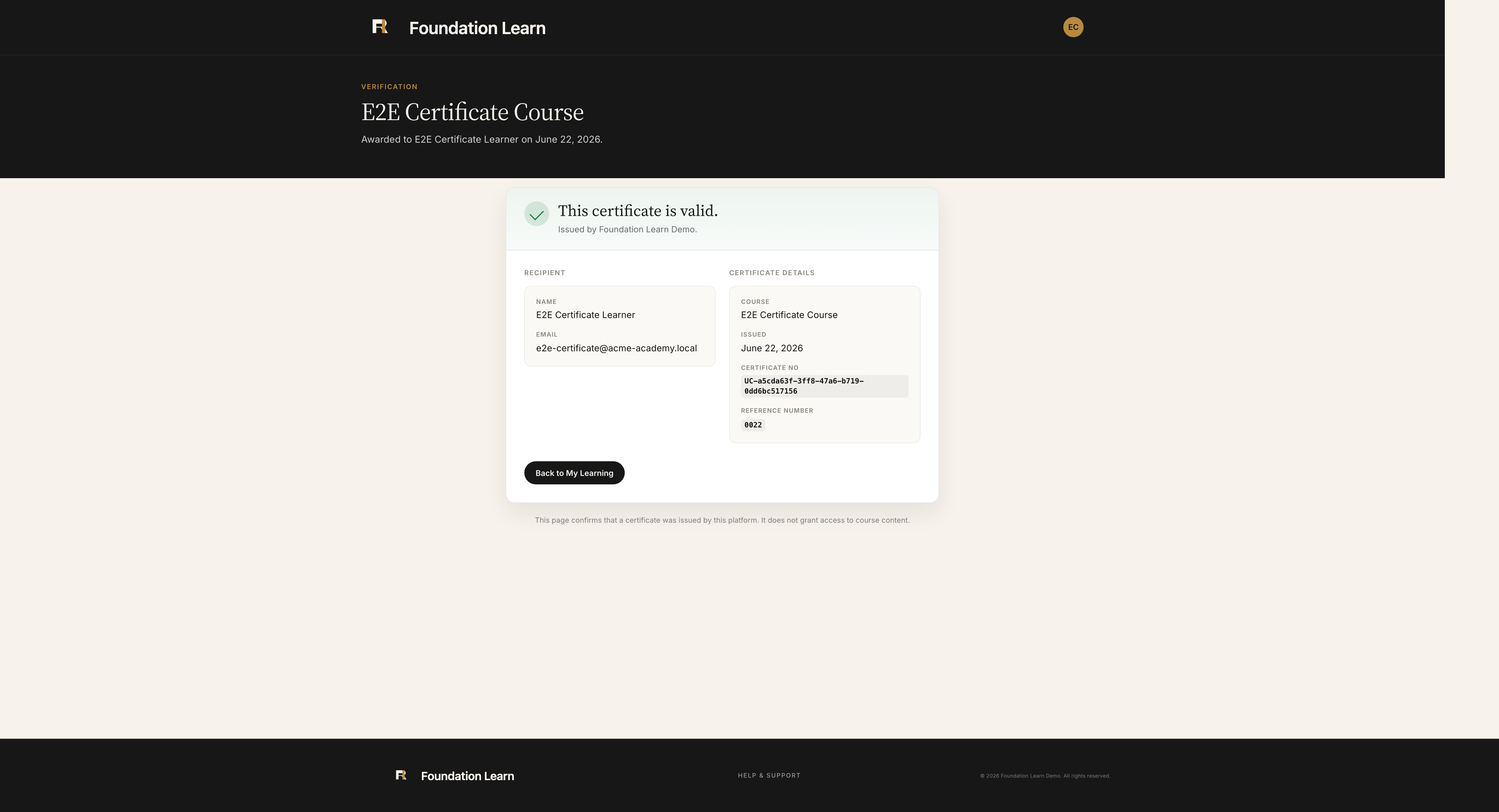 Public certificate verification page