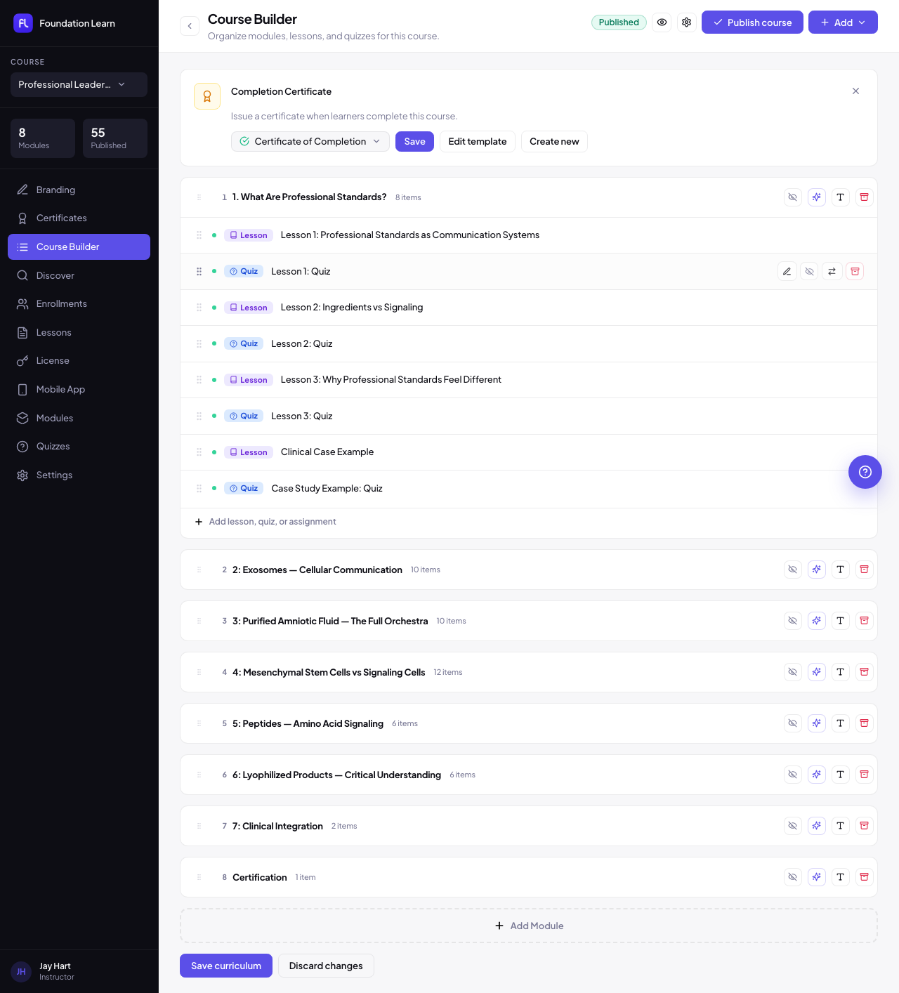 Course Builder admin screen