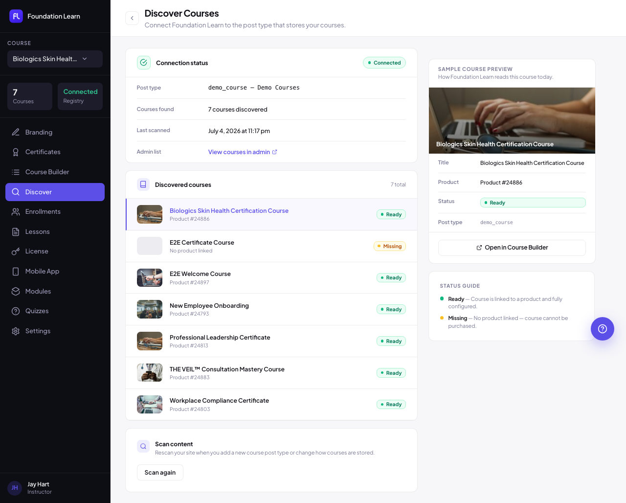 Discover Courses admin screen