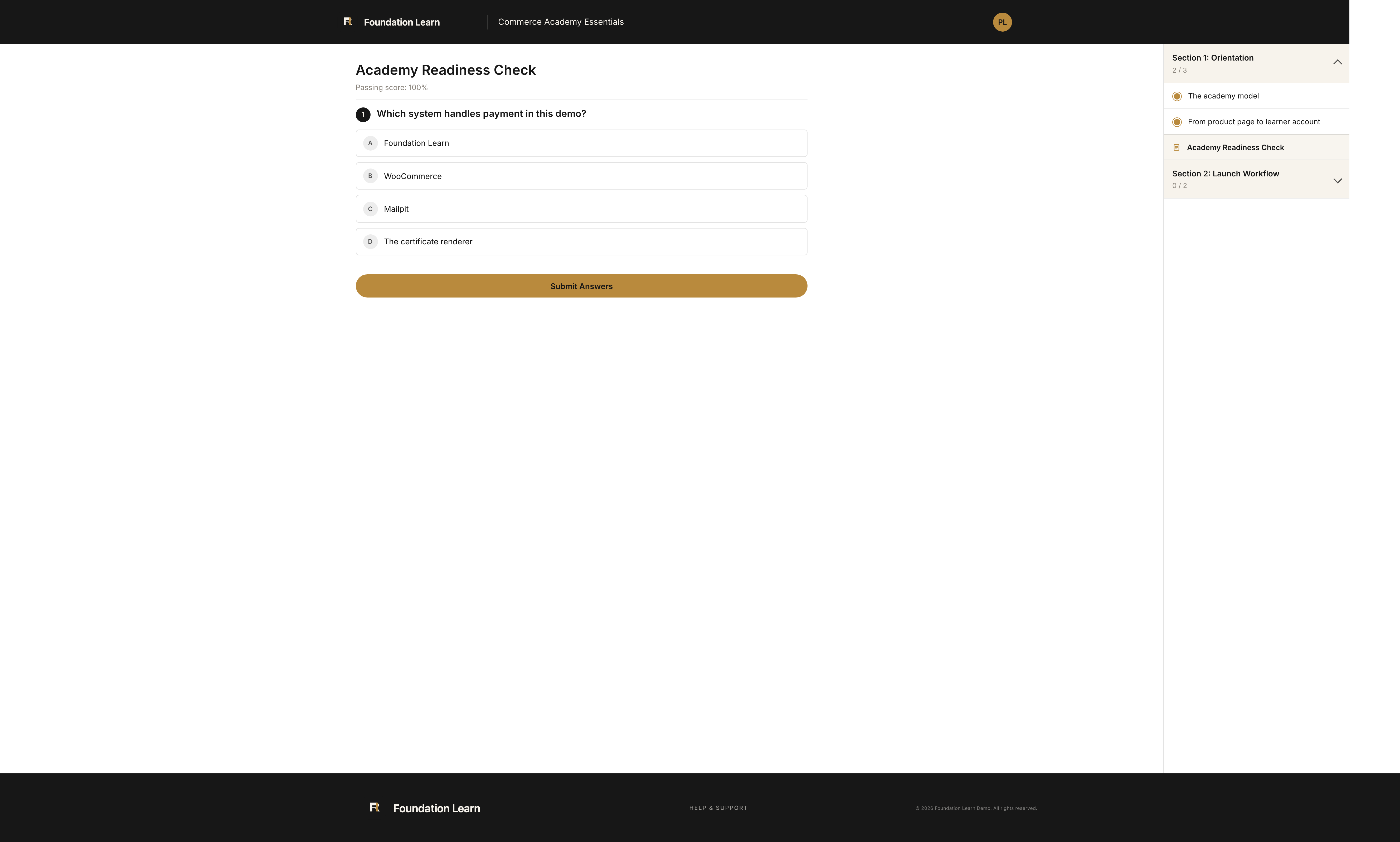 Quiz player with passing score and gated next section